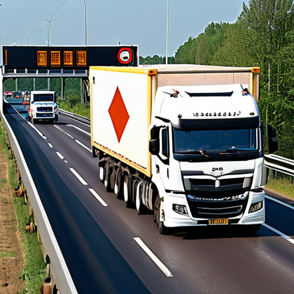 **

Oversized cargo truck driving on a Dutch highway, clearly marked with wide load signs and flashing lights, passing under a low bridge; emphasize the height clearance issue.

**