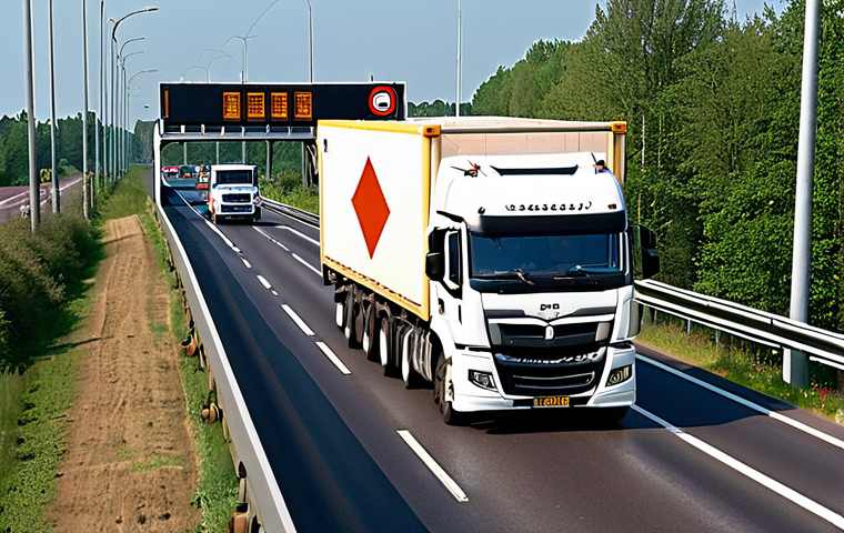 **

Oversized cargo truck driving on a Dutch highway, clearly marked with wide load signs and flashing lights, passing under a low bridge; emphasize the height clearance issue.

**