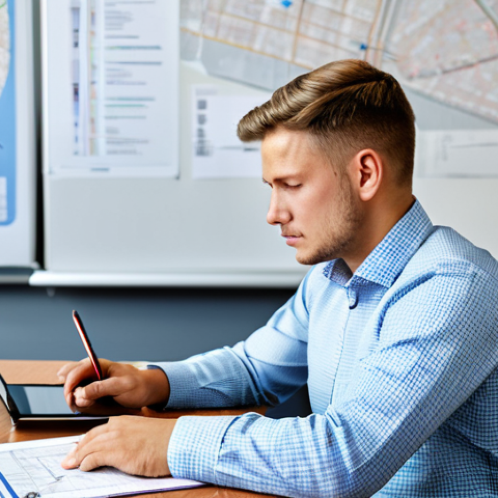 A focused adult professional in the Netherlands, wearing a modest business casual shirt and trousers, is seated at a clean desk. They are diligently studying for a heavy vehicle driving license, with an open textbook displaying technical diagrams of a truck engine and a tablet showing a simulated online theory exam. The background features a blurred modern classroom or study environment with maps of European transport routes. The image should convey a sense of learning and aspiration. Fully clothed, appropriate attire, professional dress, safe for work, appropriate content, professional, perfect anatomy, correct proportions, natural pose, well-formed hands, proper finger count, natural body proportions, high-quality photography.