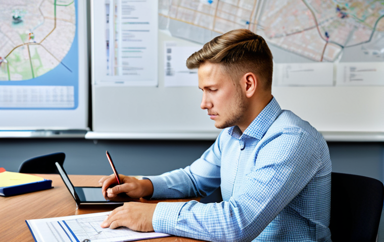 A focused adult professional in the Netherlands, wearing a modest business casual shirt and trousers, is seated at a clean desk. They are diligently studying for a heavy vehicle driving license, with an open textbook displaying technical diagrams of a truck engine and a tablet showing a simulated online theory exam. The background features a blurred modern classroom or study environment with maps of European transport routes. The image should convey a sense of learning and aspiration. Fully clothed, appropriate attire, professional dress, safe for work, appropriate content, professional, perfect anatomy, correct proportions, natural pose, well-formed hands, proper finger count, natural body proportions, high-quality photography.