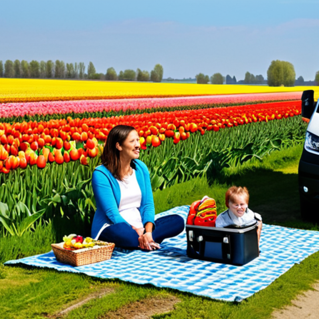 Camper Adventure**

"A family-friendly scene depicting a modern campervan parked near a tulip field in the Netherlands. The camper is fully equipped with visible camping gear. A happy family, fully clothed in casual, comfortable clothing, is enjoying a picnic outside. The setting is bright and sunny, showcasing the beauty of the Dutch countryside. safe for work, appropriate content, fully clothed, family-friendly, professional photography, perfect anatomy, natural proportions."

**