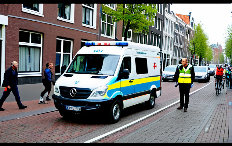 Electric Ambulance in a Dutch City**

"An electric ambulance, fully clothed emergency medical technicians attending to a patient inside, stopped on a clean, modern street in Amsterdam with cyclists in the background, daytime, professional photography, safe for work, appropriate content, fully clothed, professional, perfect anatomy, natural proportions, well-formed hands, proper finger count, natural body proportions, family-friendly"

**