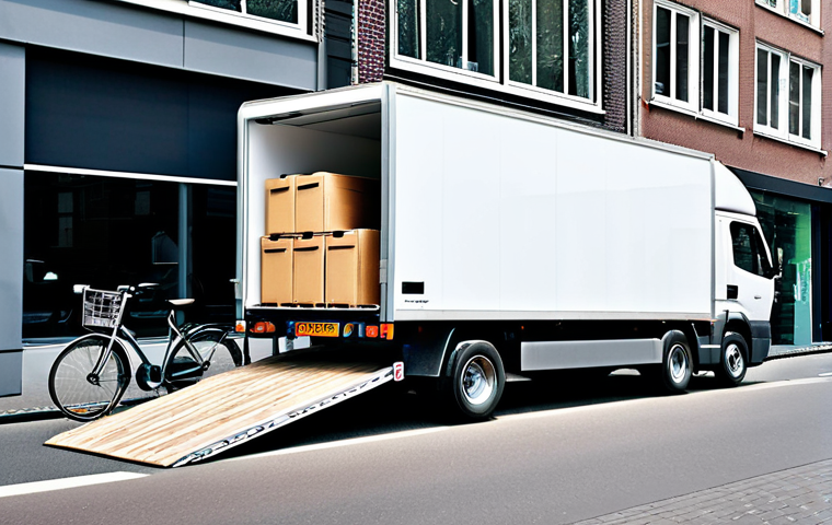 트레일러와 카고 트럭 비교 - Modern Trailer Distribution**

"A sleek, modern trailer truck delivering goods to a shop in Amsterda...