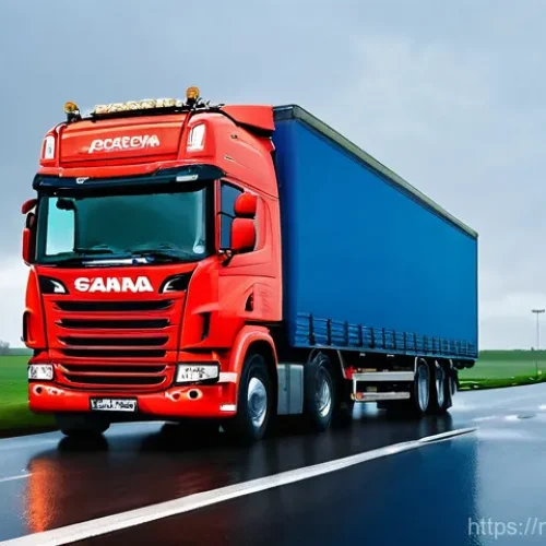 Home 25 대형 트럭의 적재 중량 계산법 - **Prompt:** A modern heavy-duty truck, such as a DAF or Scania, is depicted on a slightly wet, busy ...