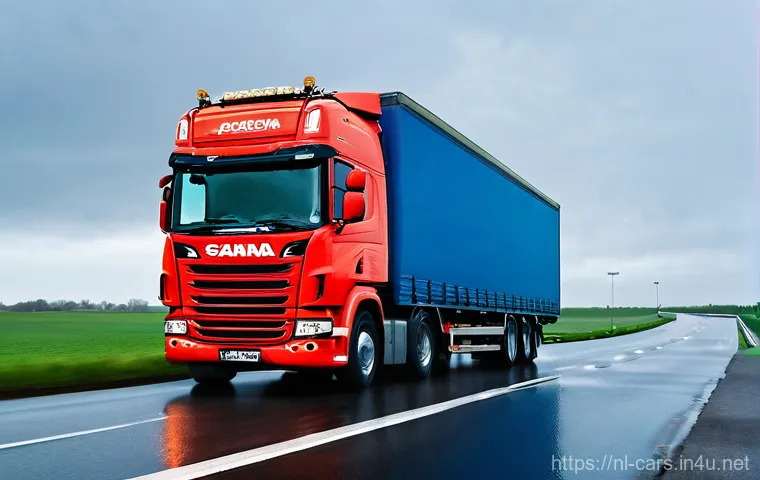 대형 트럭의 적재 중량 계산법 - **Prompt:** A modern heavy-duty truck, such as a DAF or Scania, is depicted on a slightly wet, busy ...